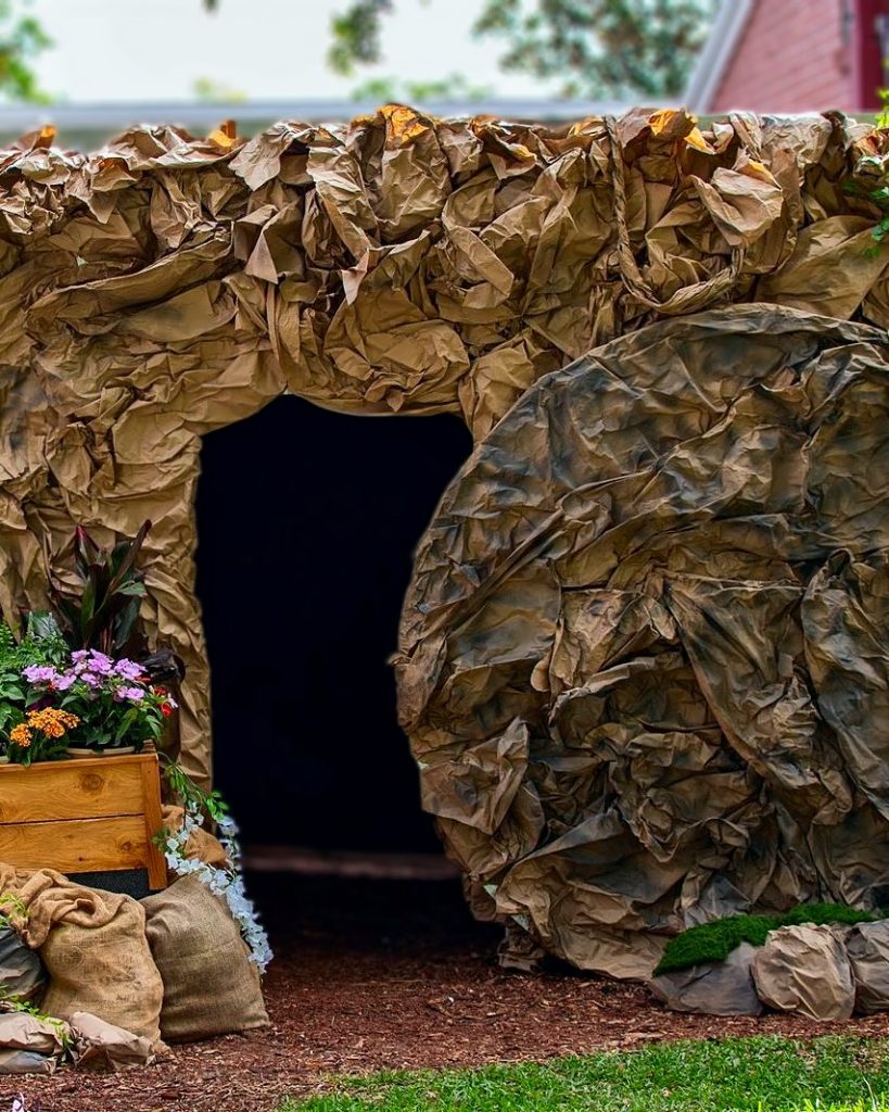 An Easter display of the empty tomb with the stone rolled away